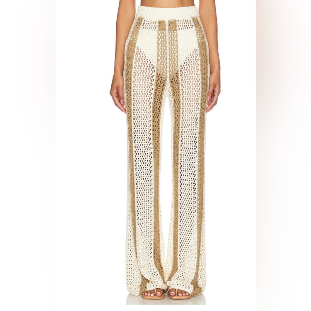 Lovers + Friends Kerim Crochet Wide Leg Pants in Tan and Cream